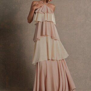 Multicolor Party Women's Colorblock Ruffle Hem Elegant Maxi Halter Dress